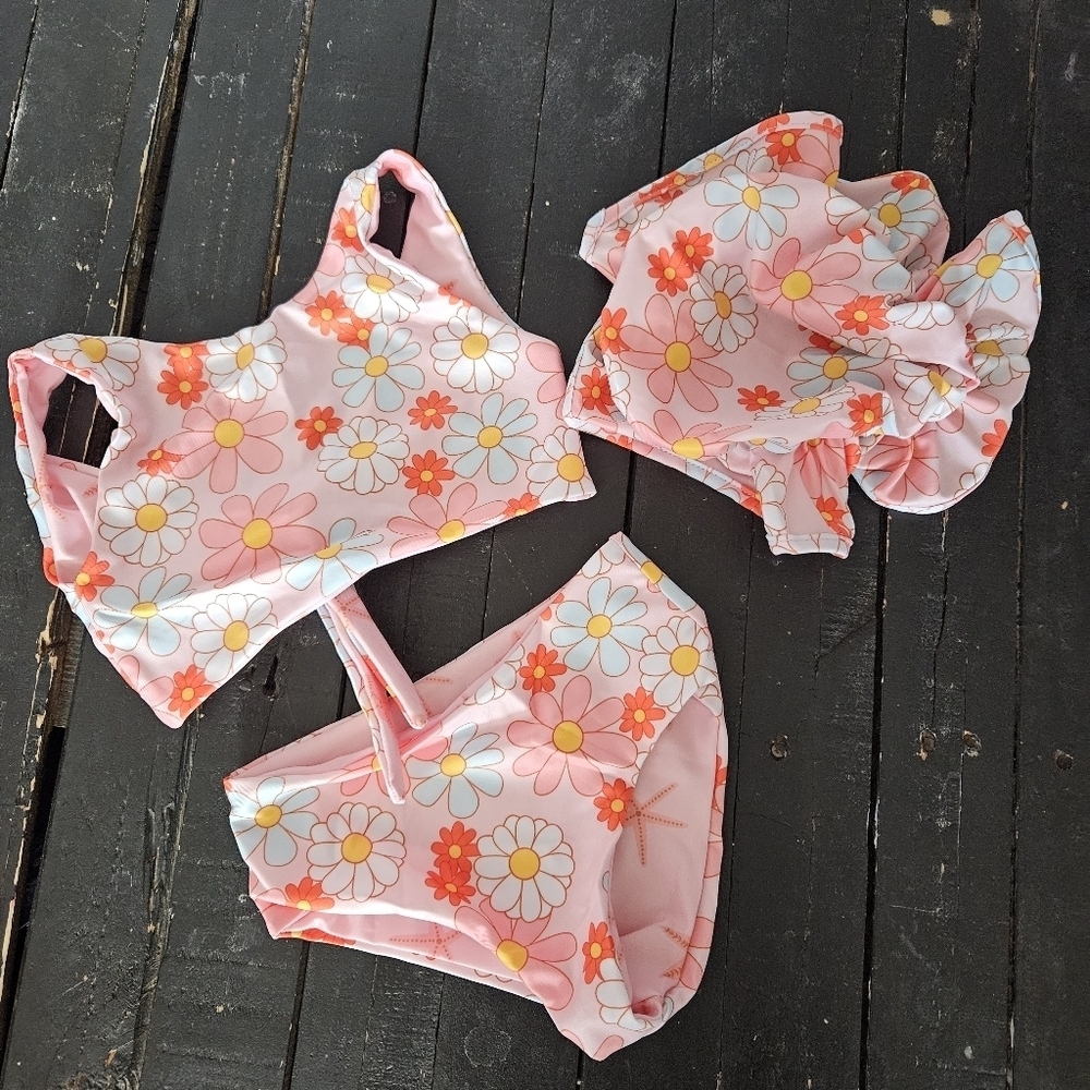Floral Pink Bikini Set Three Piece Bonnet Reversible Floral Starfish 18-24 Month